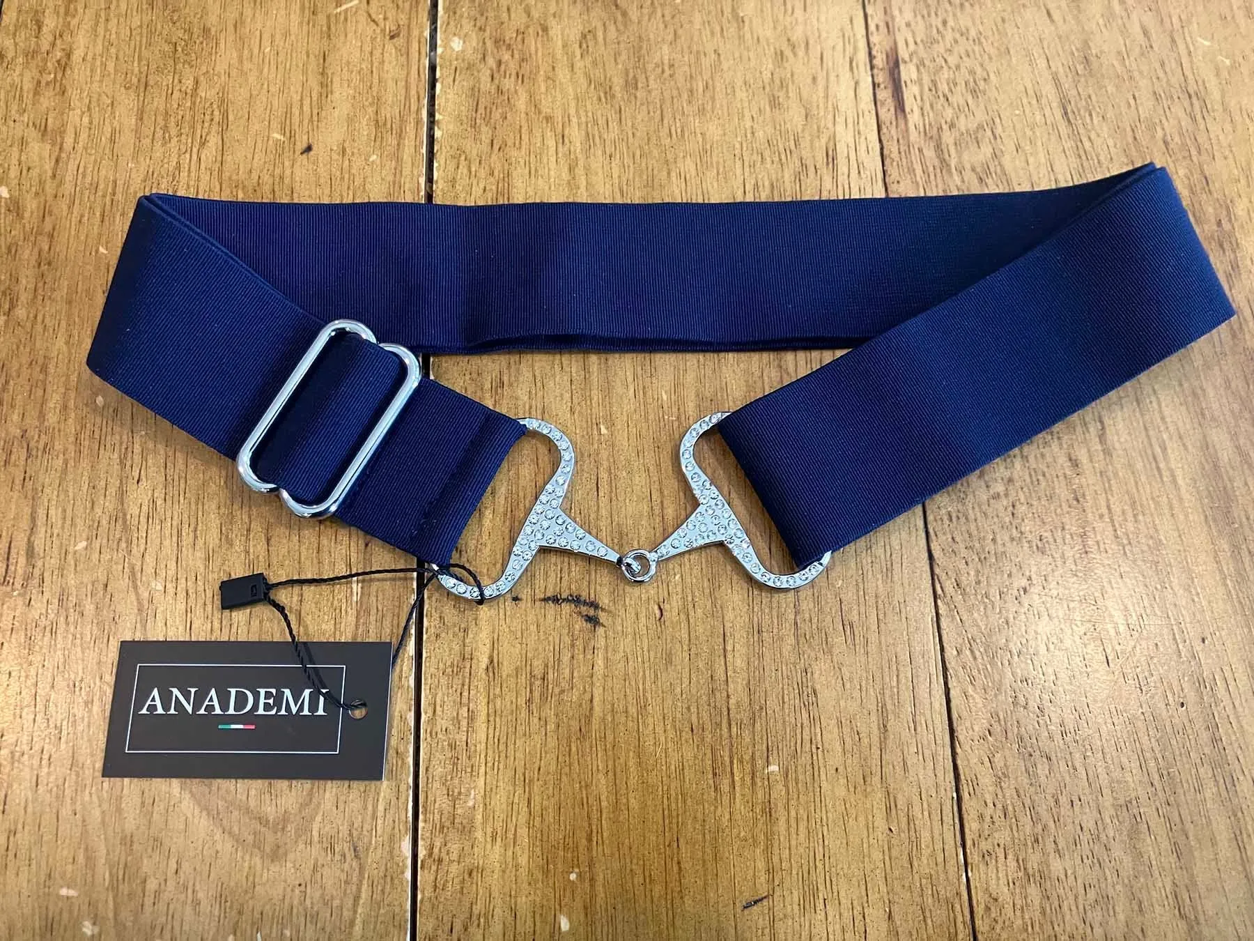 Anademi Navy Stretch Belt with Rhinestone Silver Bit Buckle