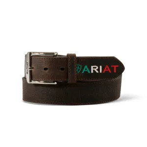 Ariat Men's Rowdy Brown Embossed Logo Mexico Flag Leather Belt A10389282