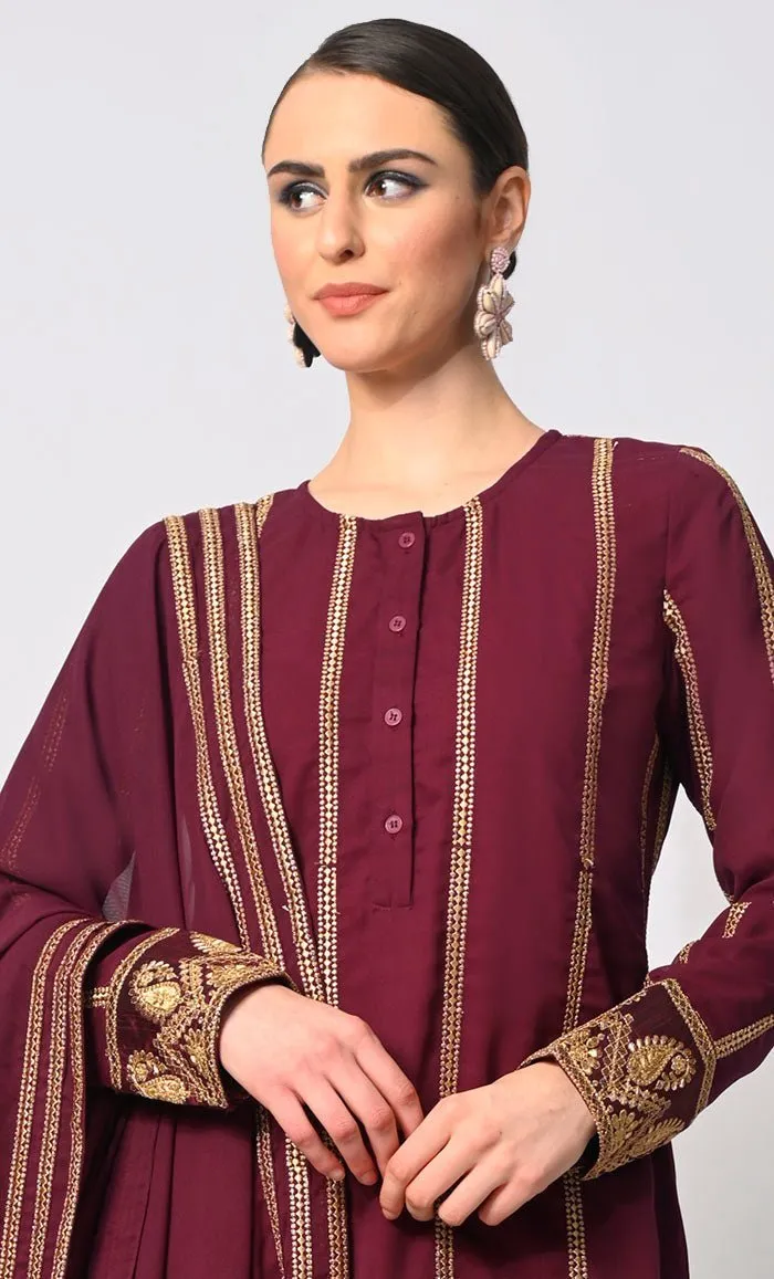 Artisanal Charm: Elegant Maroon Embroidered 3 Pc Sharara Set - Final Sale