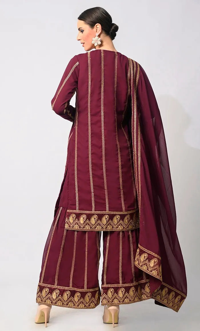 Artisanal Charm: Elegant Maroon Embroidered 3 Pc Sharara Set - Final Sale