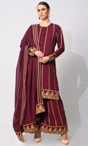 Artisanal Charm: Elegant Maroon Embroidered 3 Pc Sharara Set - Final Sale