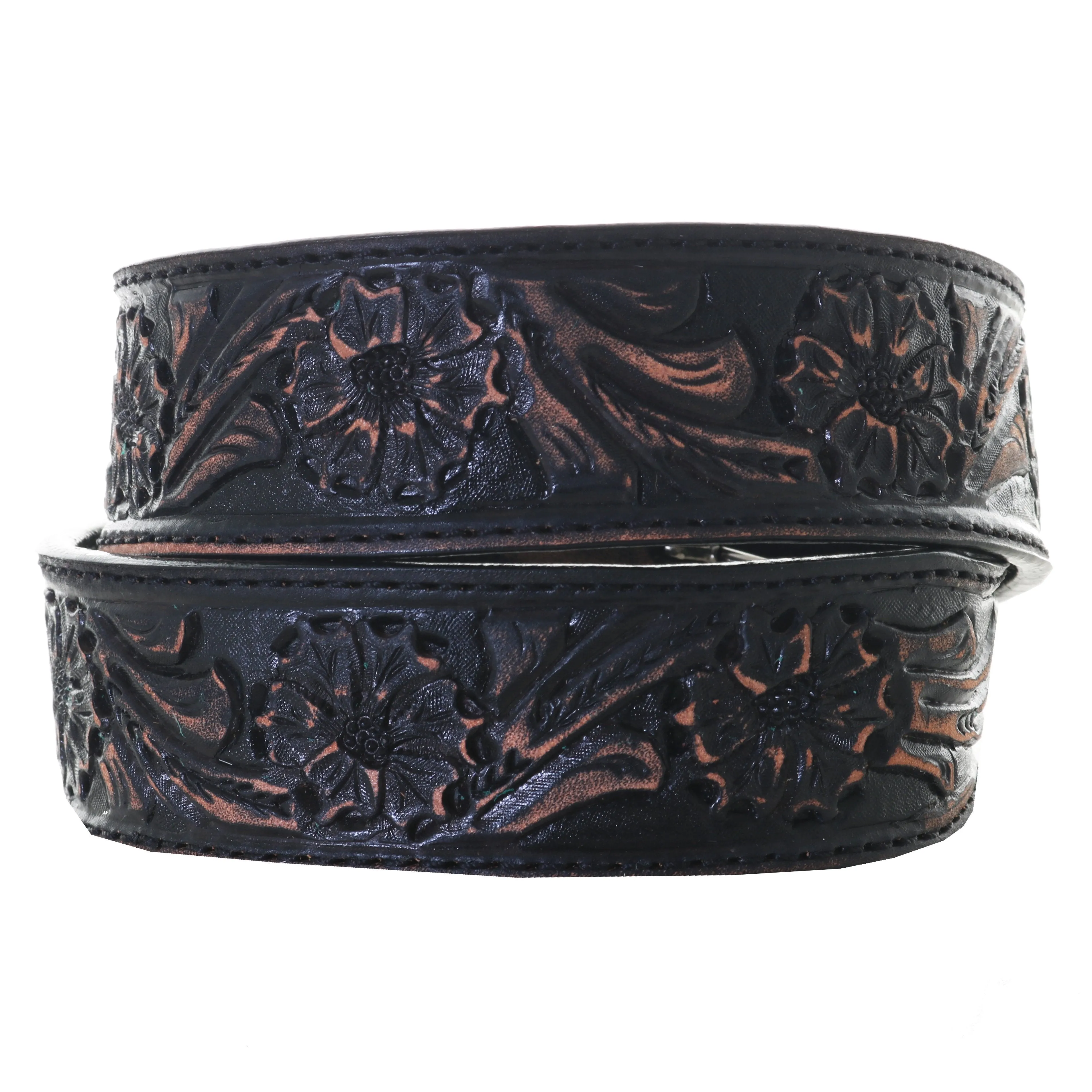 B1117 - FAST SHIP Black Vintage Floral Tooled Tapered Belt