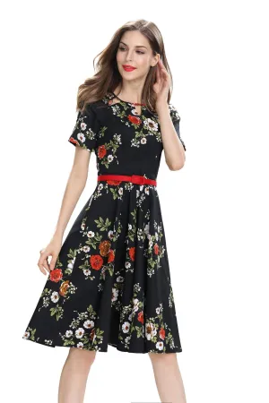 Black Scoop Key Hole Detail Neckline with Red and White Florals