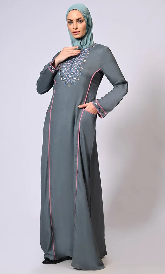 Feminine Flourish: Embroidered Front Zip Grey Abaya with Front Pockets - Final Sale