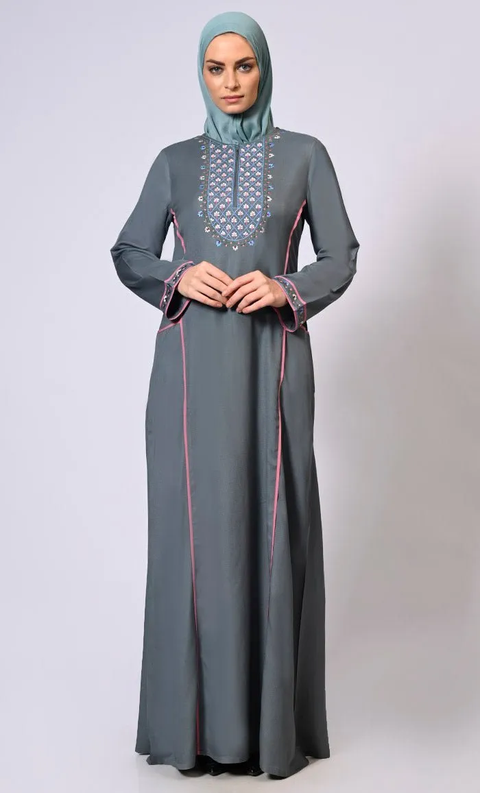 Feminine Flourish: Embroidered Front Zip Grey Abaya with Front Pockets - Final Sale