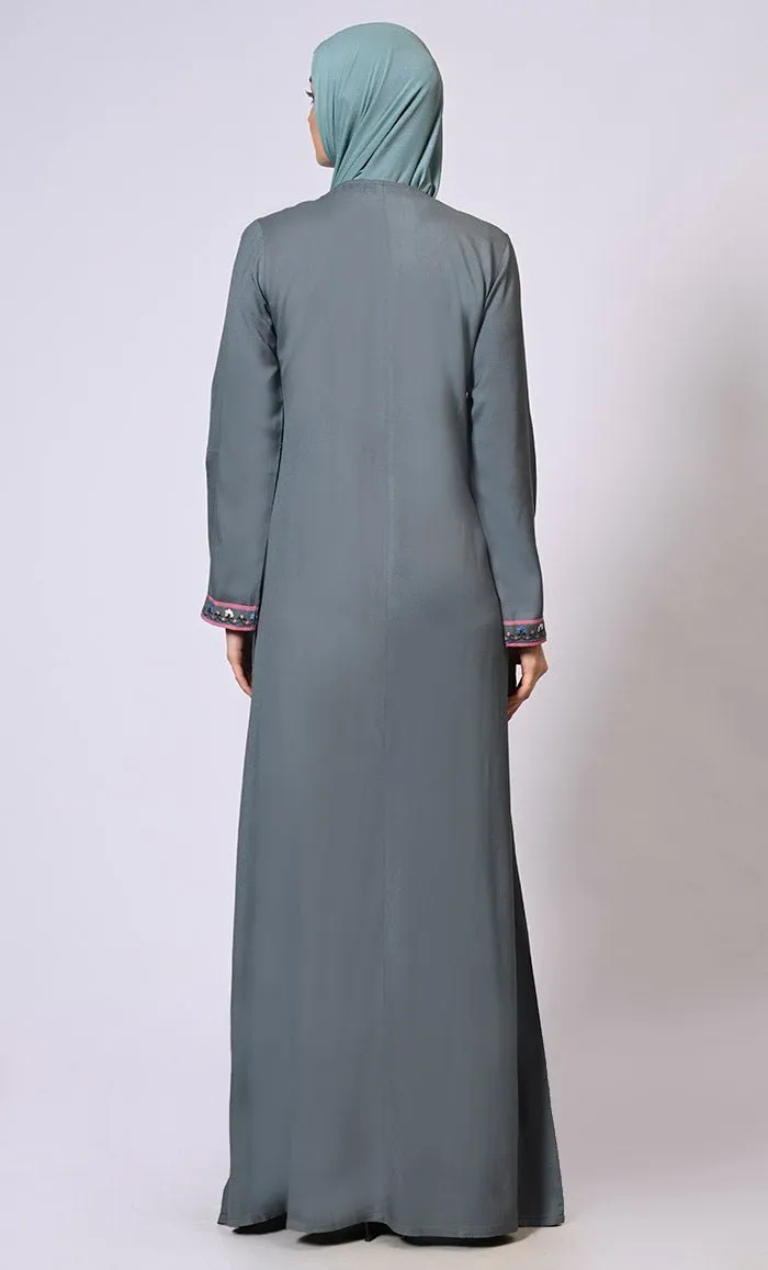 Feminine Flourish: Embroidered Front Zip Grey Abaya with Front Pockets - Final Sale