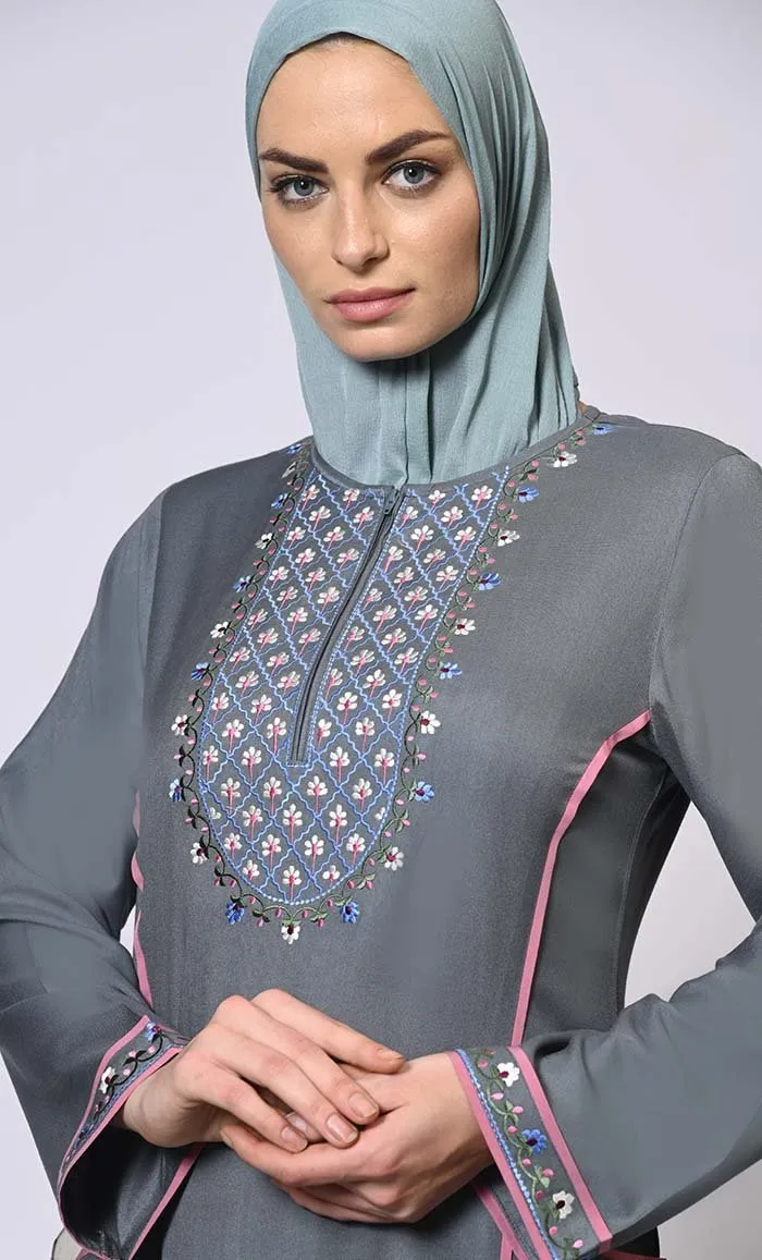 Feminine Flourish: Embroidered Front Zip Grey Abaya with Front Pockets - Final Sale