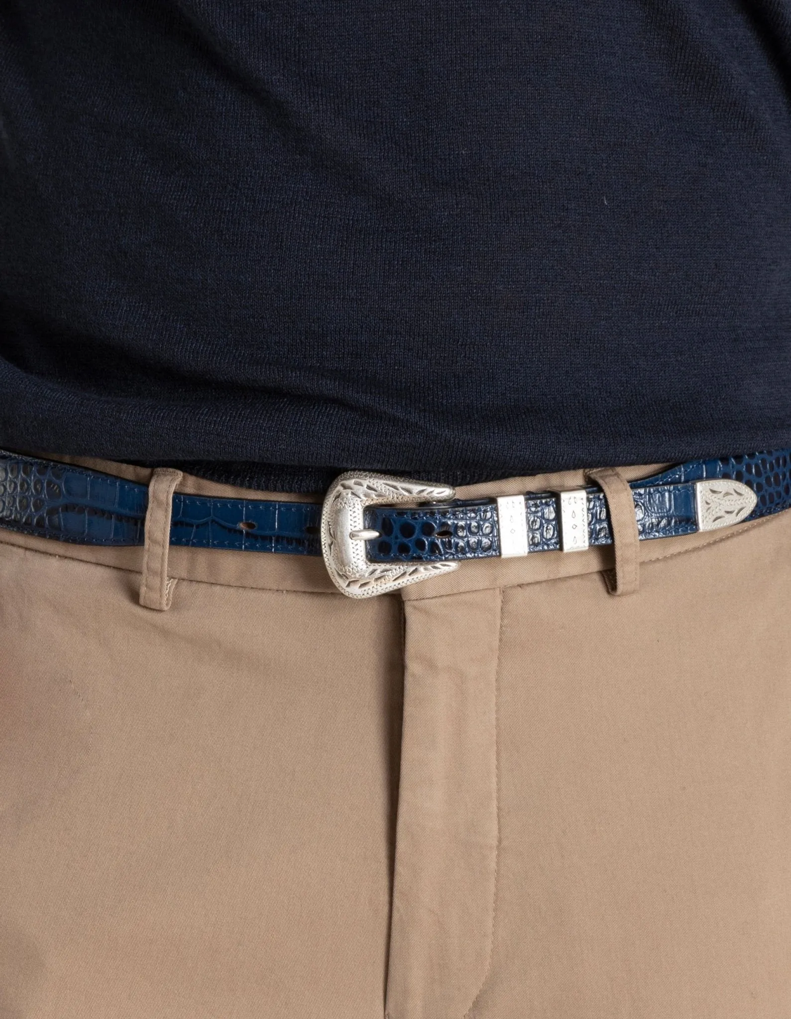 HENRY SARTORIAL X ADRIANO MENEGHETTI Croc Leather Belt NAVY