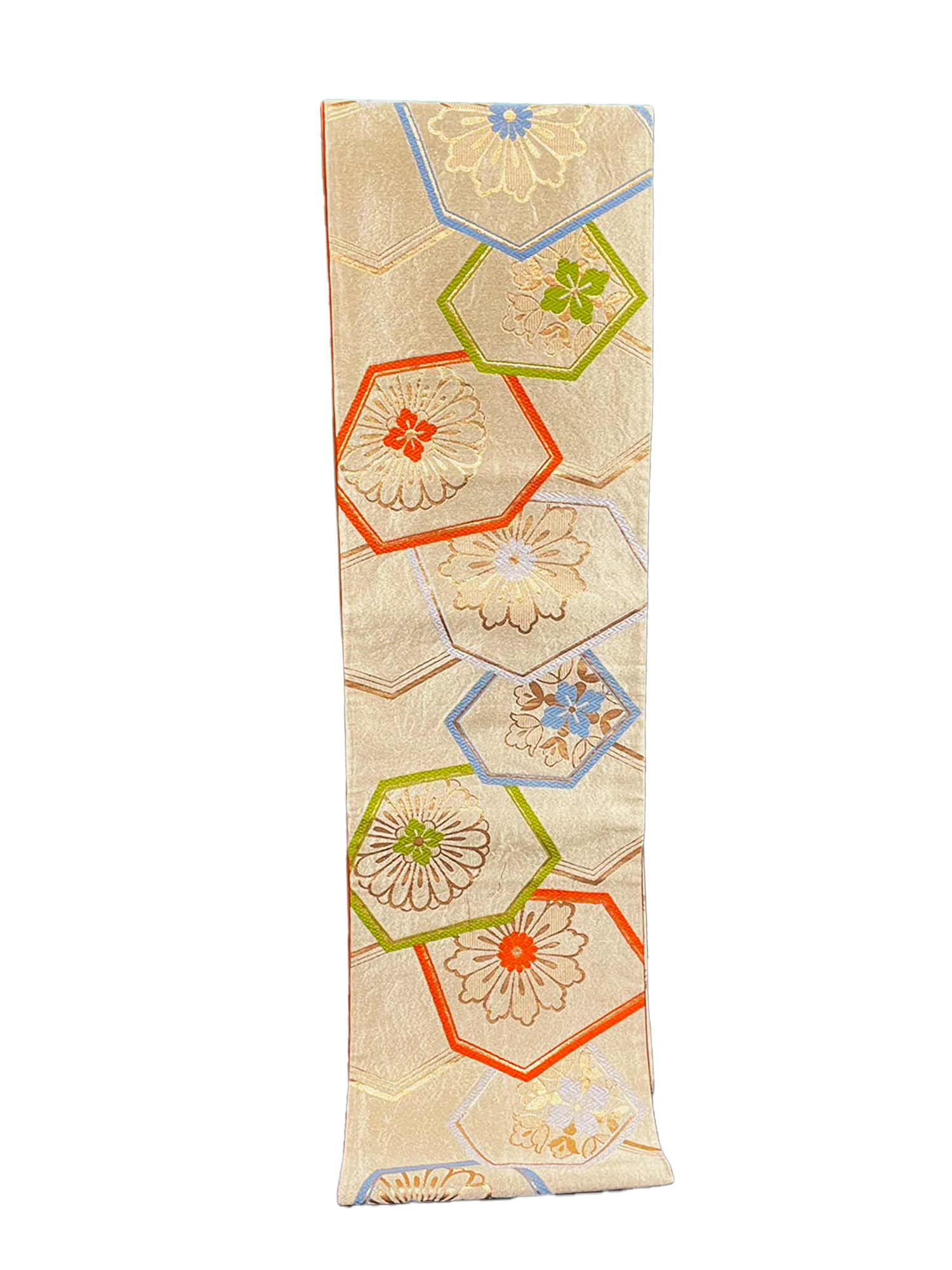 Japanese Kimono Vintage Fukuro Obi - Gold, Hexagon, Flowers