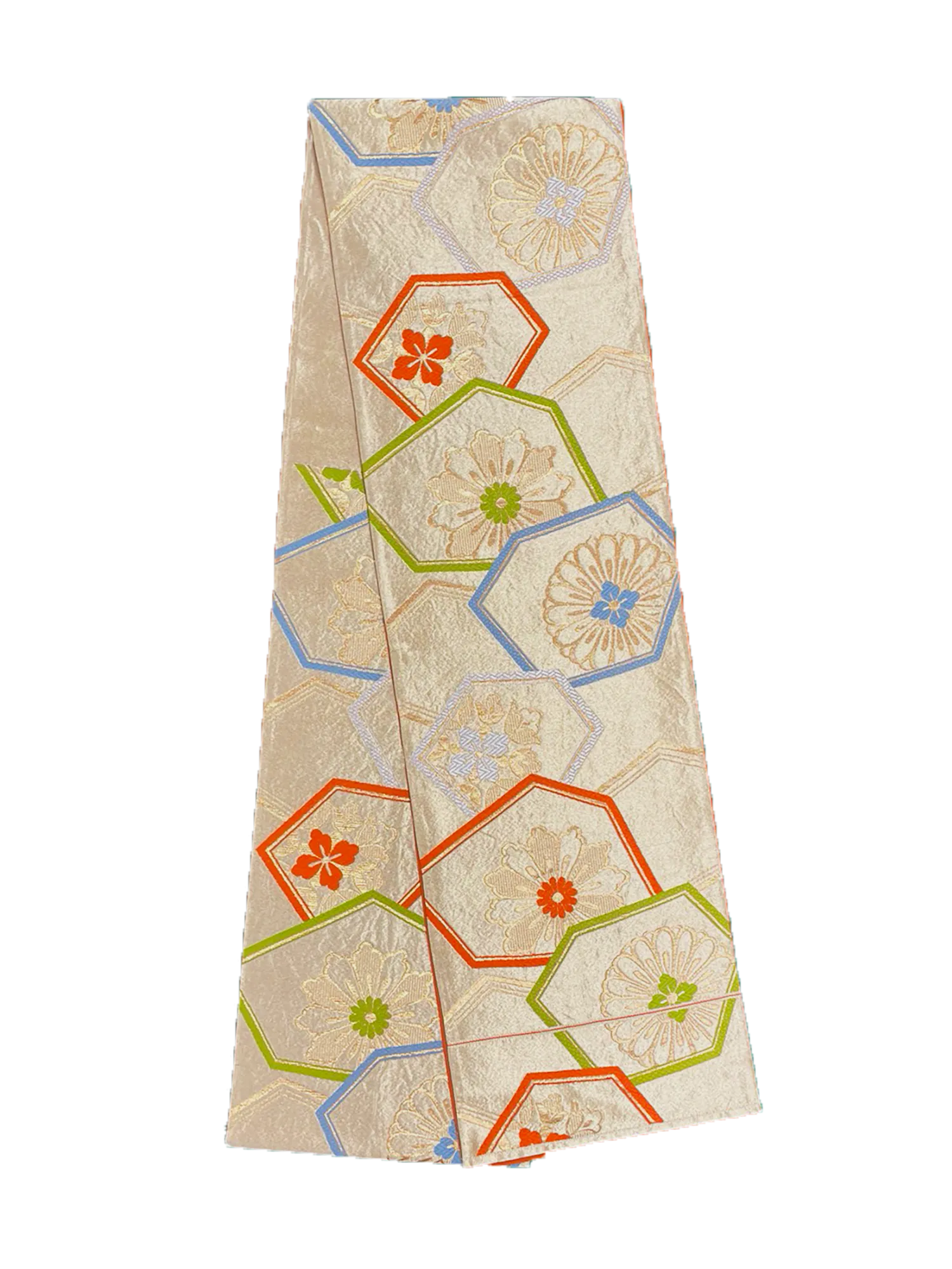 Japanese Kimono Vintage Fukuro Obi - Gold, Hexagon, Flowers