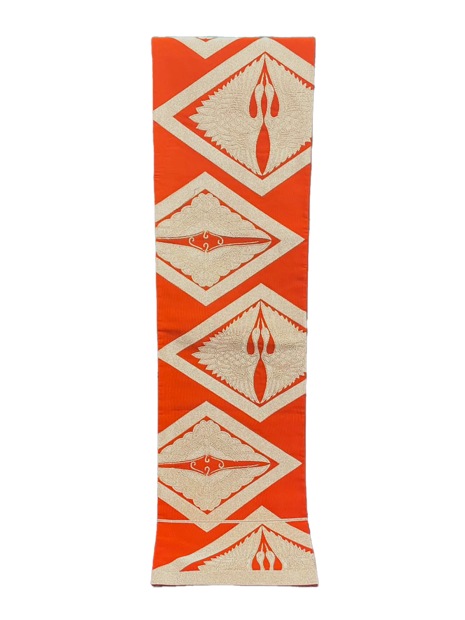 Japanese Kimono Vintage Fukuro Obi - Red, Diamond, Crane and Butterfly