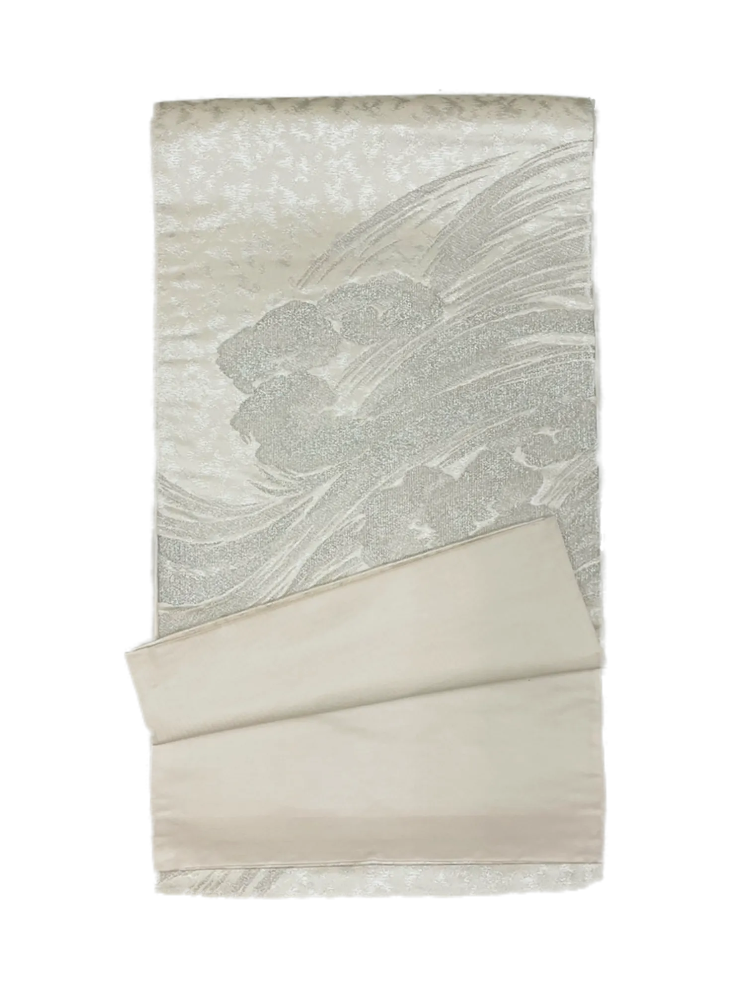 Japanese Kimono Vintage Fukuro Obi - White, Silver Flowers