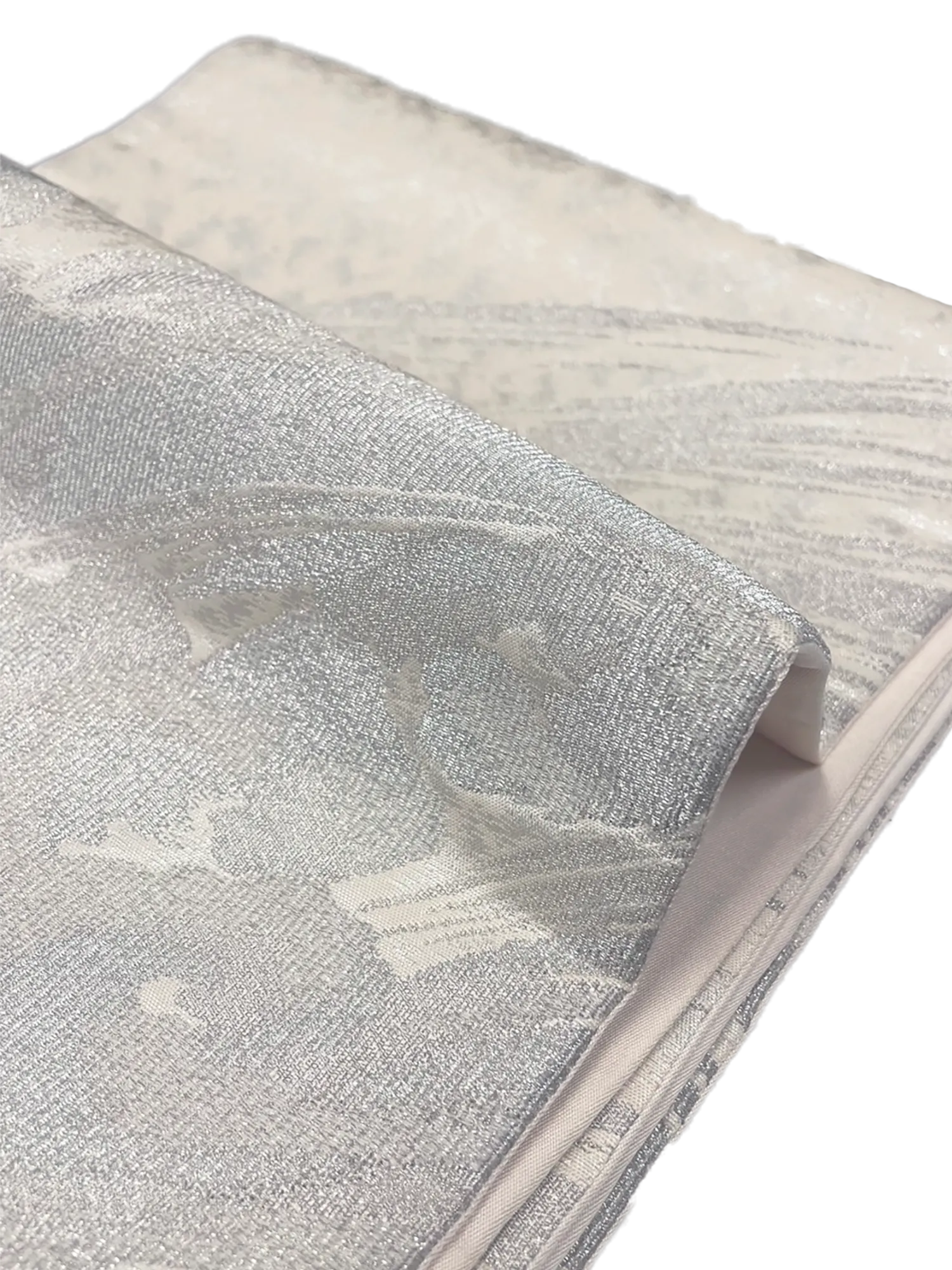 Japanese Kimono Vintage Fukuro Obi - White, Silver Flowers