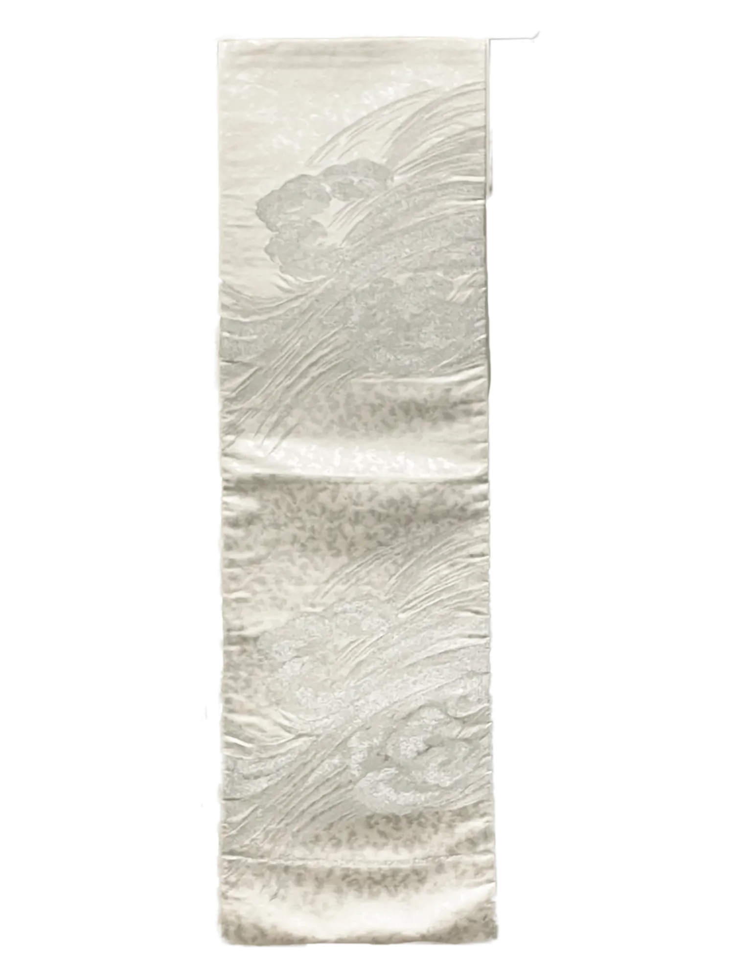Japanese Kimono Vintage Fukuro Obi - White, Silver Flowers