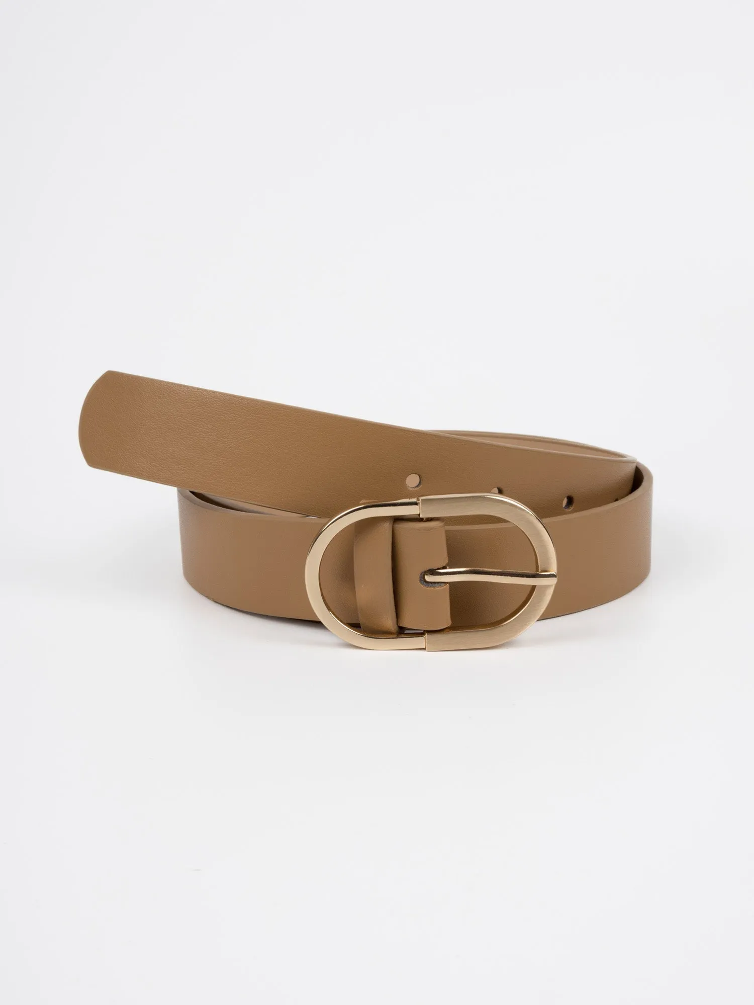 Vegan PU Leather Belt - Agen - Wide Oval Buckle - Gold / Beige - 103cm