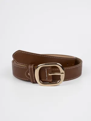 Vegan PU Leather Belt - Meudon - Slim Buckle - Gold / Tan - 105cm