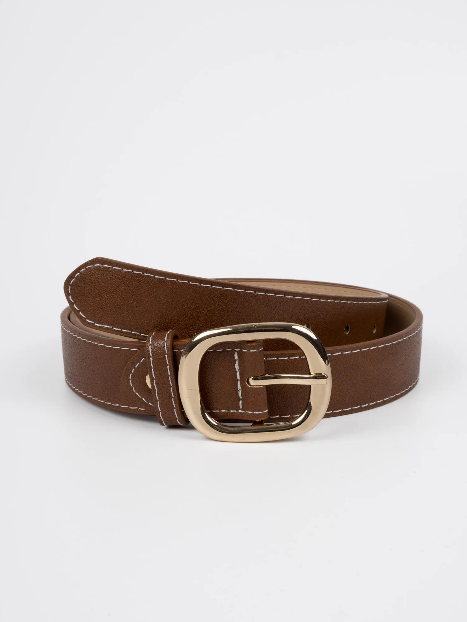 Vegan PU Leather Belt - Meudon - Slim Buckle - Gold / Tan - 105cm